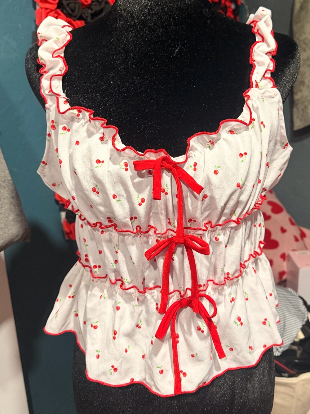 Cherry-Print Ruffle Tie-Front Camisole in White and Red